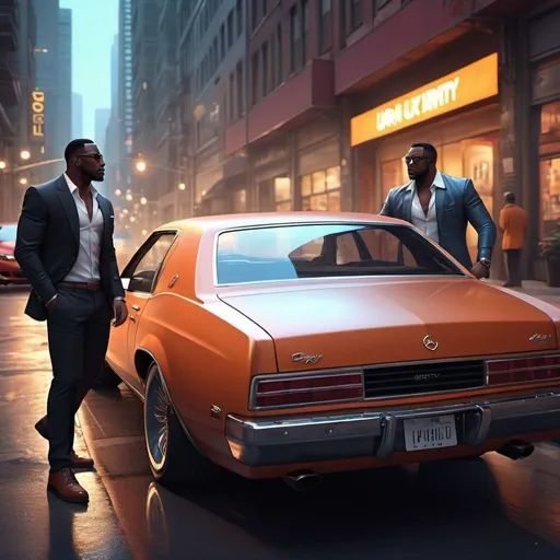 Prompt: Gritty urban digital art of 2 animated big men by a luxury car, vibrant street setting, realistic car details, stylish outfits with urban flair, dynamic poses, high energy atmosphere, detailed cityscape, high quality, 4k, urban, digital art, vibrant, dynamic poses, luxury car, gritty, street setting, animated characters, detailed, atmospheric lighting