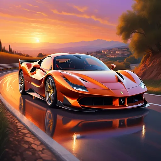 Prompt: (ferrari SF90XX), realistic, portrait view, a winding Italian road, sunset hues of orange and purple, warm golden light illuminating the car, captivating reflections on the glossy surface, picturesque landscapes in the background, high detail, ultra-detailed, vivid depth, serene and inviting ambiance, showcasing the beauty of speed and nature combined.