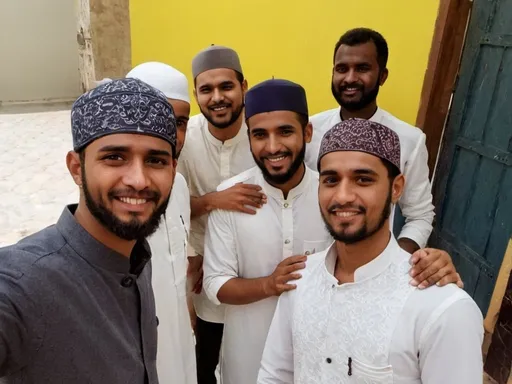 Prompt: Happy five Muslim Men Wearing Skull Cap And Traditional Kurta In Hugging Pose During Eid Celebration 