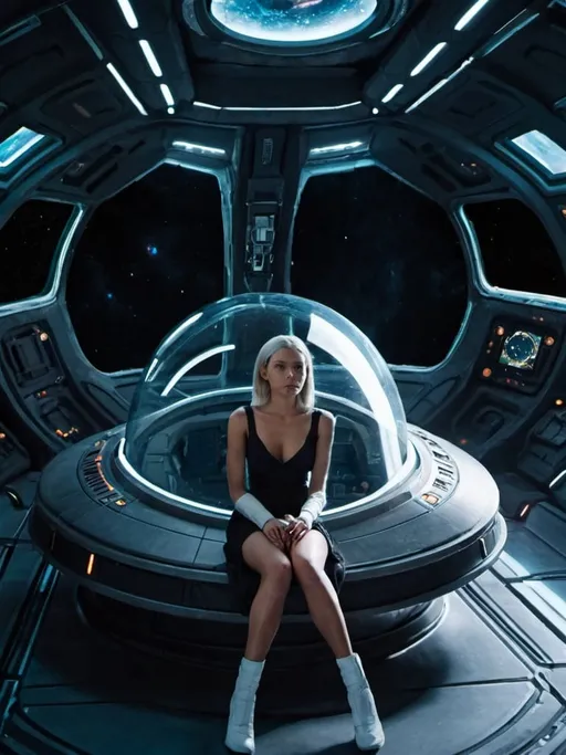 Prompt: a futuristic woman sits in front of a spaceship