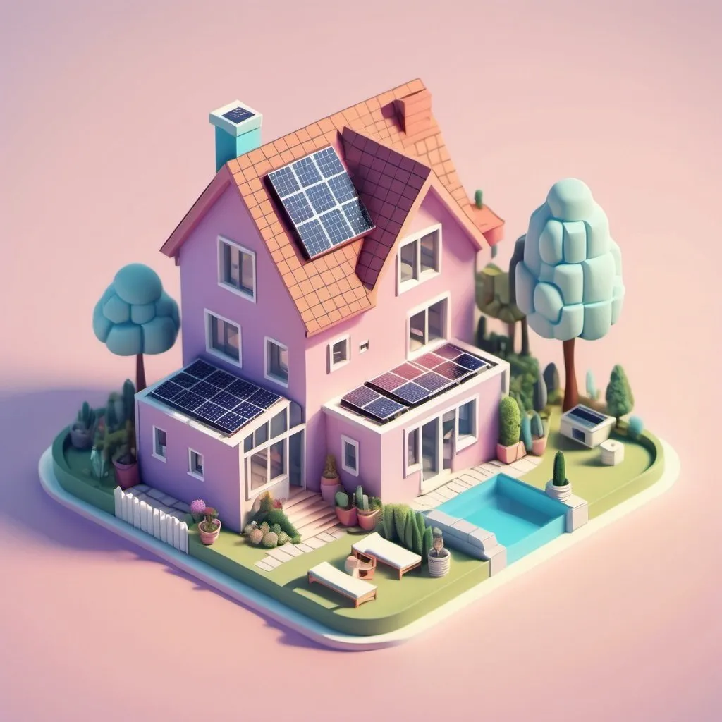 Prompt: miniature isometric world render, a cartoon family home with solar panels done in pastel
