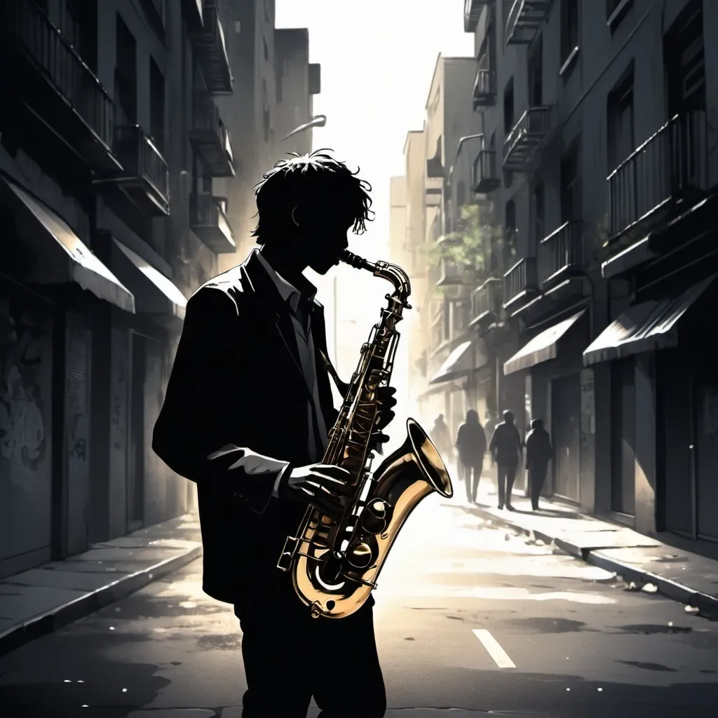 Prompt: saxophone player playing on the street, notes falling out of the sax, anime style, grimey, dark, minimalistic, fading out