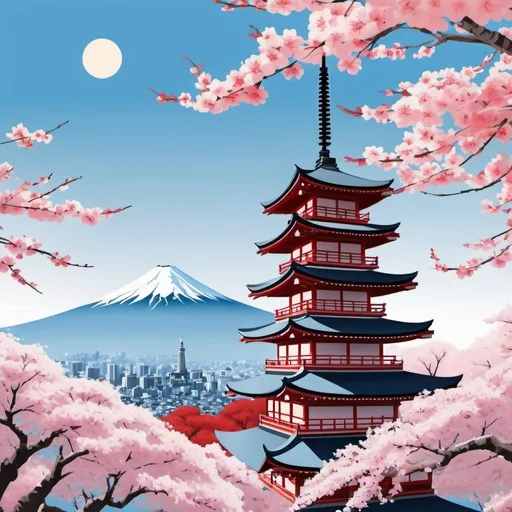 Prompt: advertising poster 4 meters by 1 meter. The background color should be light blue and a Japanese rising sun in the center. There should also be some sakura flower branches on the right and left edges. A castle or pagoda and Mount Fuji decorating the background.