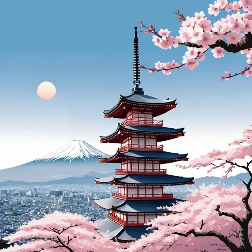 Prompt: advertising poster 4 meters by 1 meter. The background color should be light blue and a Japanese rising sun in the center. There should also be some sakura flower branches on the right and left edges. A castle or pagoda and Mount Fuji decorating the background.