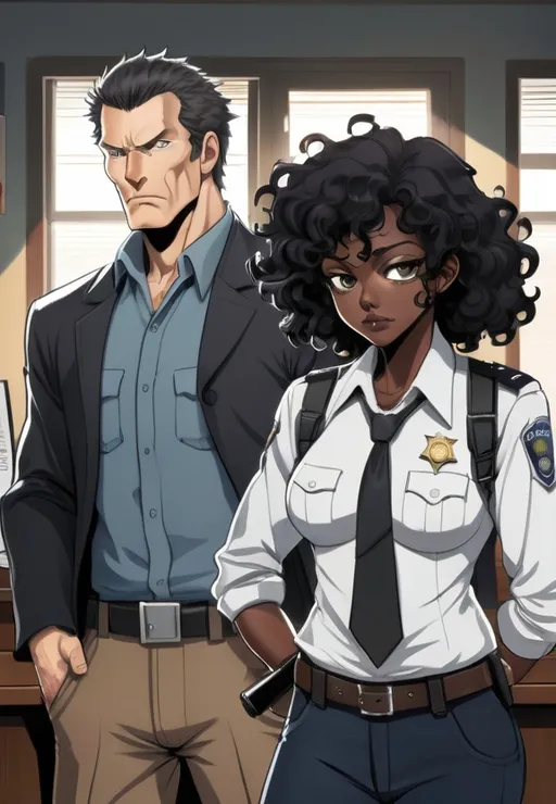 Prompt: Anime illustration, very detailed, ornate style. of A tall muscular male with red hair detective in slacks and long sleeve shirt and suspenders and a dark skinned black Afro female  black detective with curly black curly all black short hair with fitted sweater on. At police station reviewing evidence. They have gun holstered, badge at waist.