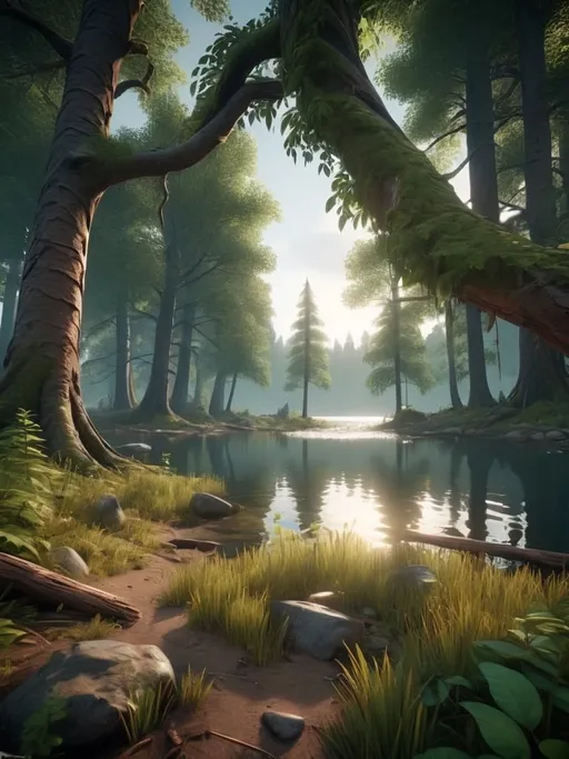 Prompt: a mysterious forest next to a lake, high quality, unreal engine