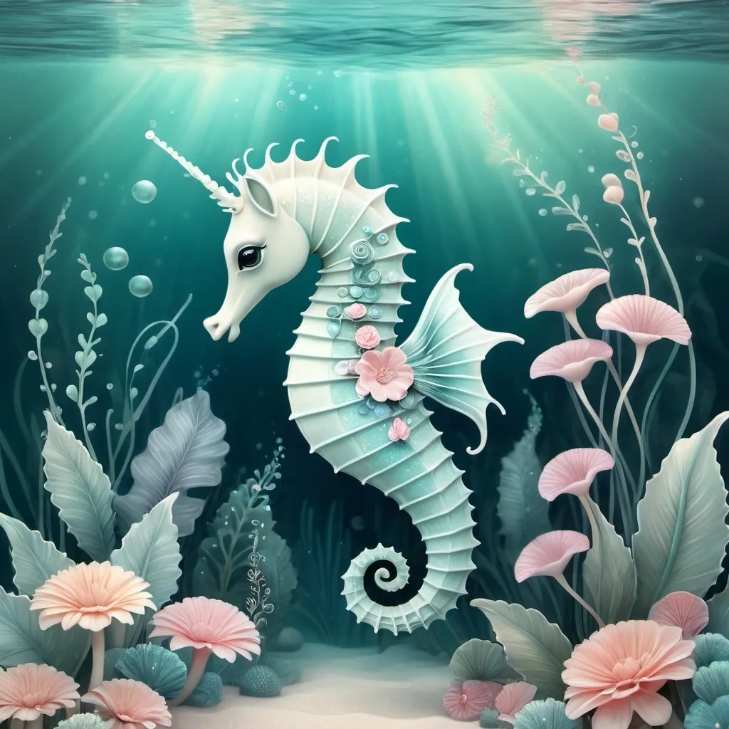 Prompt: A drawing in the style of Nicoletta Ceccoli, Lost fish, a cute seahorse