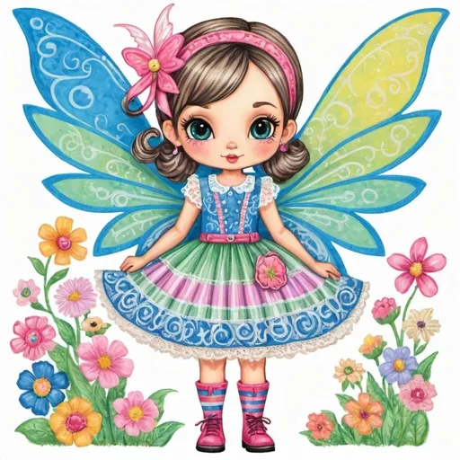 Prompt: Kawaii fairy age 3-4 yrs. With pony tail, fairy wings, wearing 1950's pin up dress with striped stockings and boots. oil pastel of patterns with lace 
design  inspired embellishments and Flourishes, bright pastel colors, Highly detailed, popping vibrant colors, Gradient Colors, Intricate details, Highly textured , patterns only inspired by Katja Perez, Cora Whitney-Fox, Eder Rosa Janine Tate, sarena Dawn, Sandra del Castillo, Van Gogh, Thaneeya McArdle Mary Englebright Tommy Bahama Lilly Pulitzer Laura Ashley Vera Bradley Carla Bank.
No background, white background, full body, all elements to fit within frame. Fairy wings