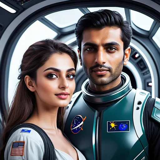 Prompt: a handsome Pakistani man in spacecraft in year 2050 with beautiful woman.