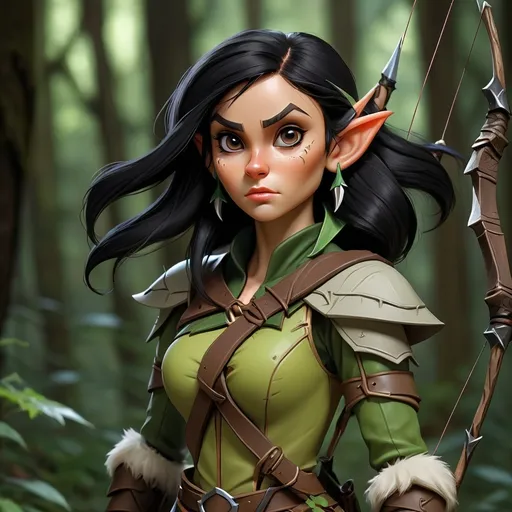 Prompt: Elf rogue in the forest, with daggers and a bow, with black hair. She has a scar on her right cheek. She has light brown skin. Dark background 