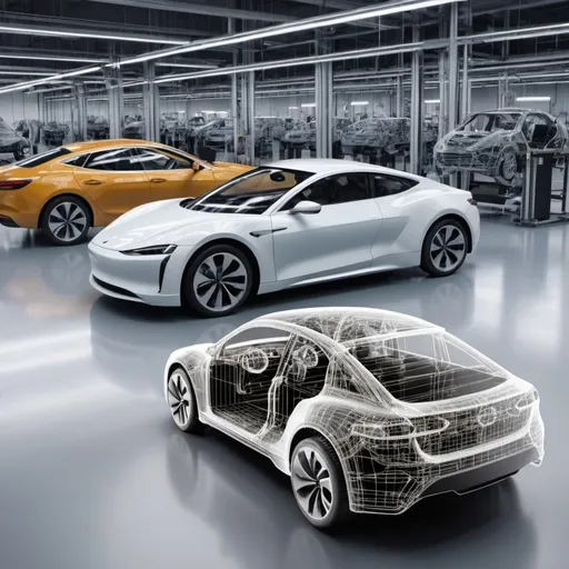 Prompt: image showing a factory floor with a digitized version of a car in wireframe side by side with the actual real car. The images highlight the concept of digital twins, with real-time data and analytics showcasing the interaction between the physical and digital versions.