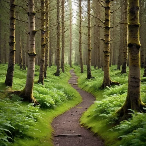 Prompt: arafed path in a forest with trees and grass, irish forest, path through a dense forest, forest trail, path into lush forest, ancient forest like fanal forest, a beautiful pathway in a forest, forest path, forest setting in iceland, on forest path, lush evergreen forest, walking through a forest, lush green forest, forest trees