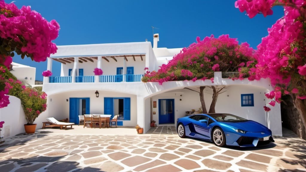 Prompt: a house on a beach, Bougainvillea garden, sport car, santorini style, random tiles