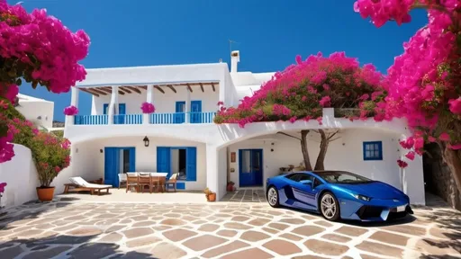 Prompt: a house on a beach, Bougainvillea garden, sport car, santorini style, random tiles