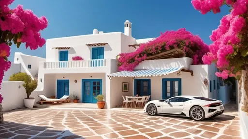 Prompt: a house on a beach with a big terrace, Bougainvillea garden high detailed, white sport car side view, santorini style, random tiles, couple with 2 kids