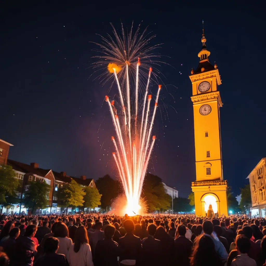 Prompt: fire cracker in sky night with people watching and a clock tower showing 12am