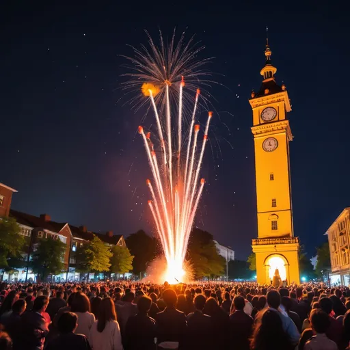 Prompt: fire cracker in sky night with people watching and a clock tower showing 12am