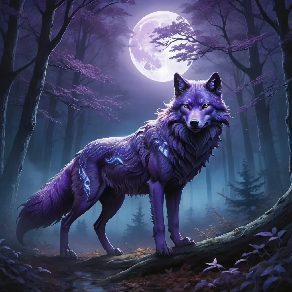 Prompt: Purple Nine tailed Wolf, walking towards me with the moon peering through the trees of the forest