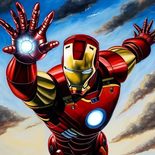 Prompt: a painting of iron man soaring through the sky for a YouTube banner
