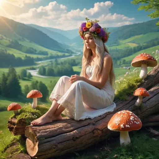 Prompt: A wise, beautiful woman with a head dress made of flowers, sitting on a log with mushrooms, breathtaking view of a beautiful valley, vibrant colors, cinematic lighting, ethereal atmosphere, lush green scenery, serene and peaceful ambiance, detailed background with trees, flowers and rolling hills, rays of sunlight, ultra-detailed, 4K, photo-realistic visual, idyllic and picturesque setting.