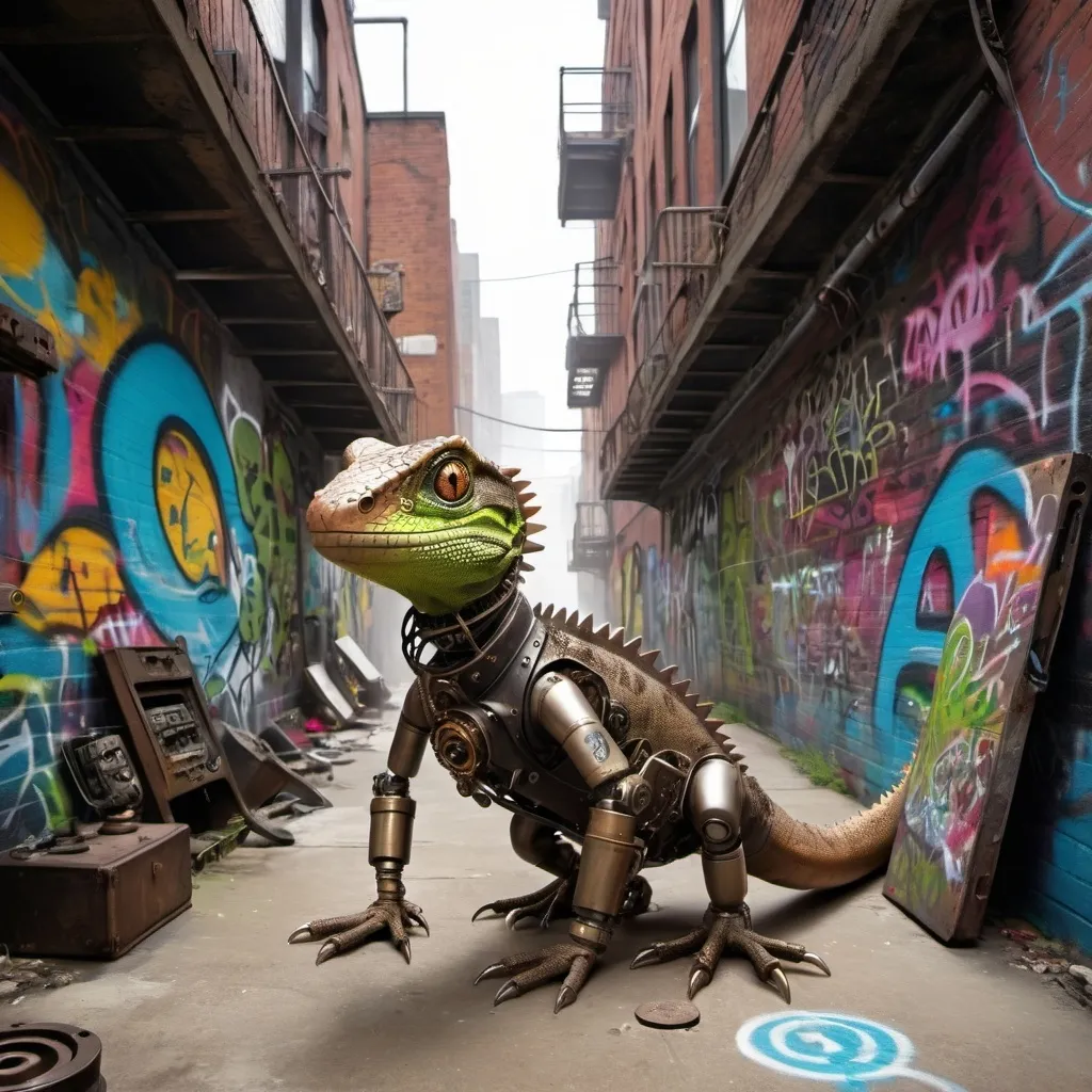 Prompt:   a steam punk lizard standing in a graffiti alley way surrounded by mechanical devices that have not been invented yet