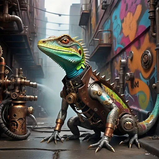 Prompt: A (steampunk lizard) standing in a graffiti alley way, surrounded by mysterious mechanical steam punk devices, vibrant and dynamic colors, intricate details,heaps of futuristic gadgets,  urban atmosphere, steampunk attire and gear, metallic textures, layered graffiti and art on the walls, steam rising, misty background, high depth cinematic masterpiece, ultra-detailed, HD.