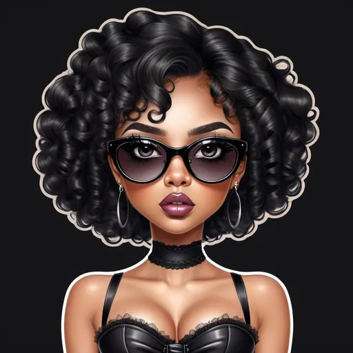 Prompt: Clipart of beautiful black lay with makeup and big sun glasses. In a corset dress with tutu bottom. Gorgeous big eyes and lips. Hair in a high curly puff.