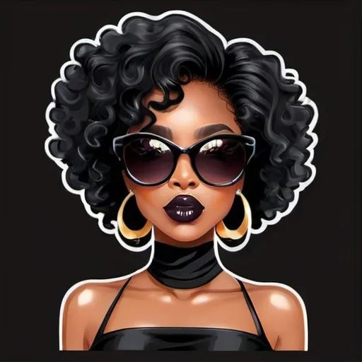 Prompt: Clipart of beautiful black lady with makeup and big sun glasses. In a two piece pants set. Gorgeous big lips. Black curly hair.