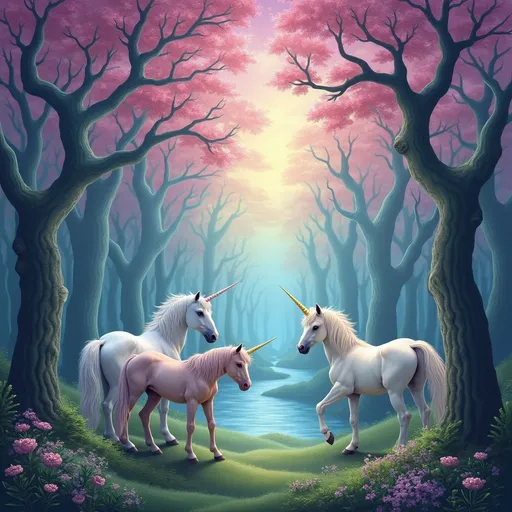 Prompt: magical sky over a magical wood with trees in very weird shapes, with a clearing in the middel and small lake and 3 to 4 unicorns in pastel colors