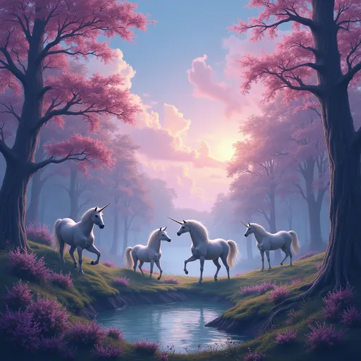 Prompt: magical sky over a magical wood with trees in weird , with a clearing in the middel and small lake and 3 to 4 unicorns in pastel colors