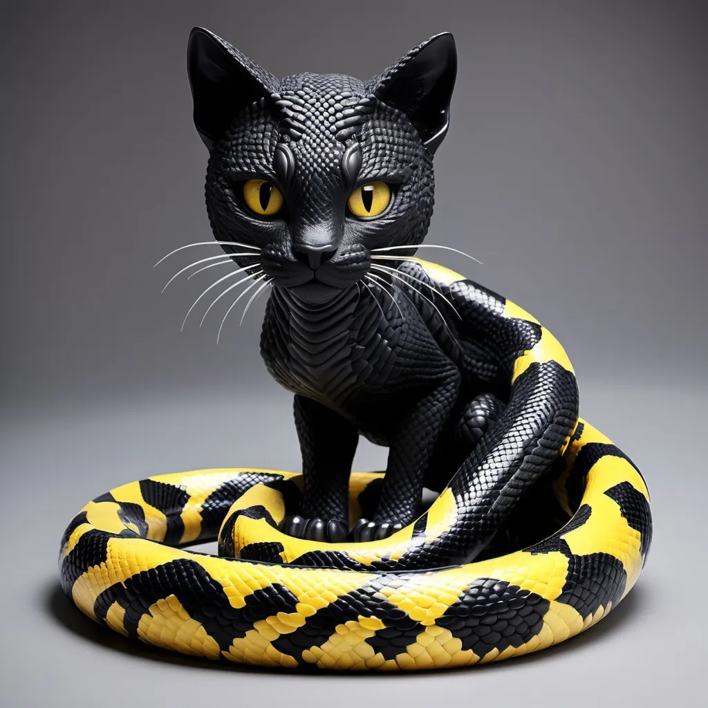 Prompt: CREATE AN ANIMAL THAT IS PART CAT AND PART SNAKE. IT HAS A BLACK CATS HEAD AND A PYTHON SNAKE BODY