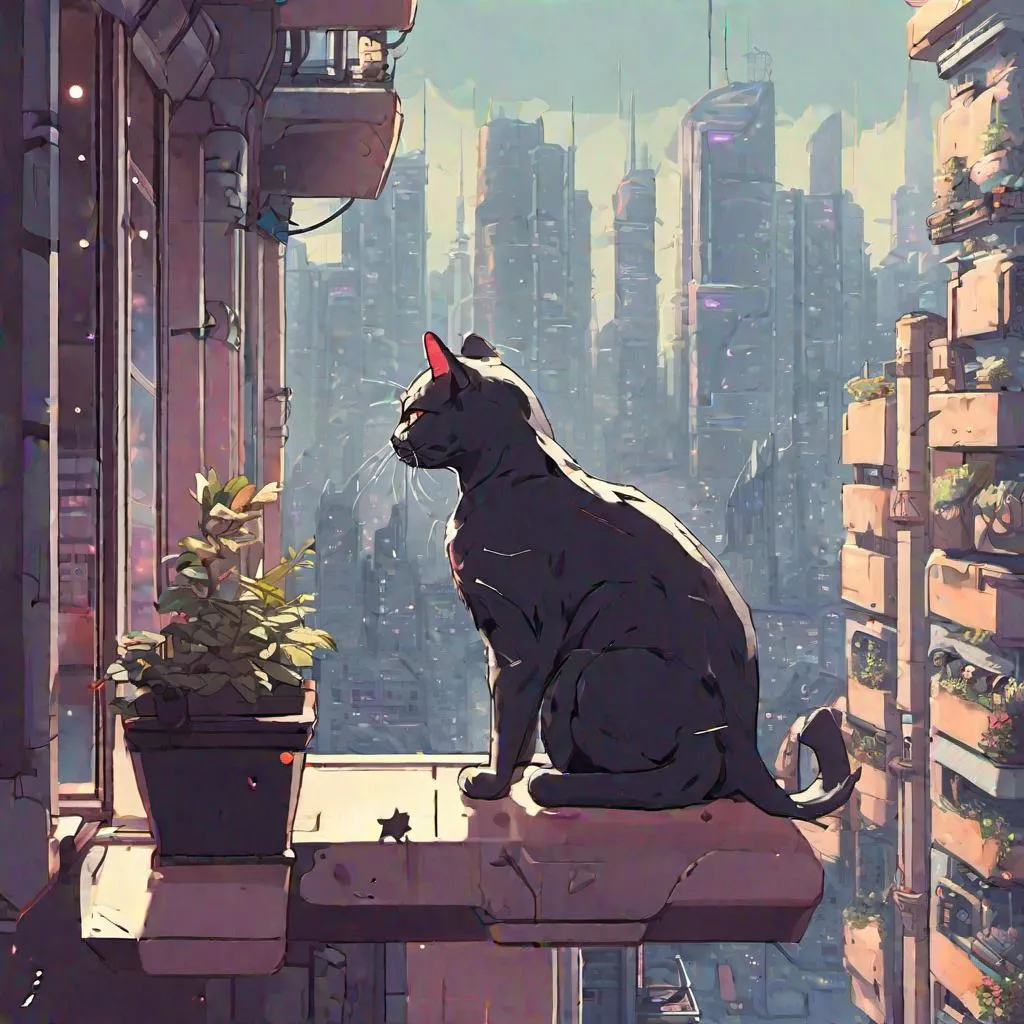 Prompt: cat sitting on the balcony, cyberpunk city 