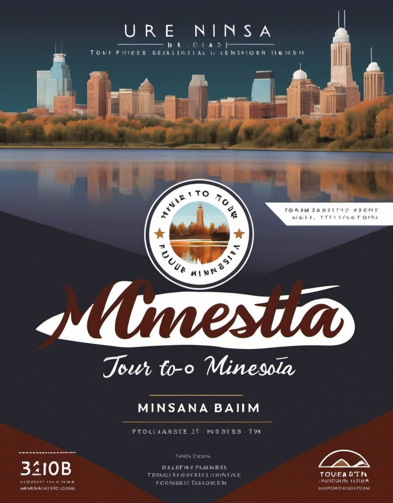 Prompt: (accurately spelled text "Tour to Minnesota"), eye-catching (flyer design), warm and inviting colors, modern typography, Islamic geometric patterns, engaging visuals representing Minnesota, informative layout with essential details, (high-quality) print-ready resolution, clear contact information, balancing elegance and professionalism, emphasizing the excitement of the trip.