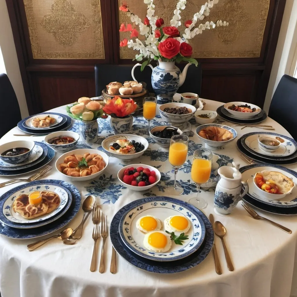 Prompt: a brunch table for 8 inspired by oriental express theme
