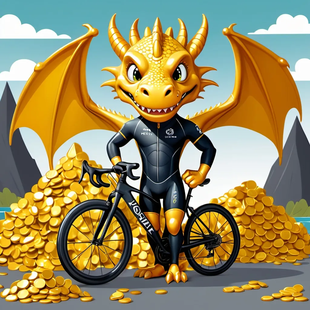 Prompt: Cartoon dragon ready for a triathlon. Wearing a helmet. Standing in front of a pile of gold with a professional bicycle. Wearing a helmet in a wet suit. 