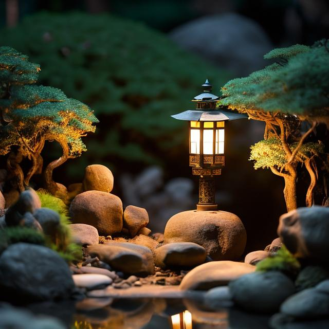 Prompt: a small lantern in a garden with rocks and trees in the background and a small tree in the foreground, Eishōsai Chōki, arts and crafts movement, japan, a tilt shift photo

