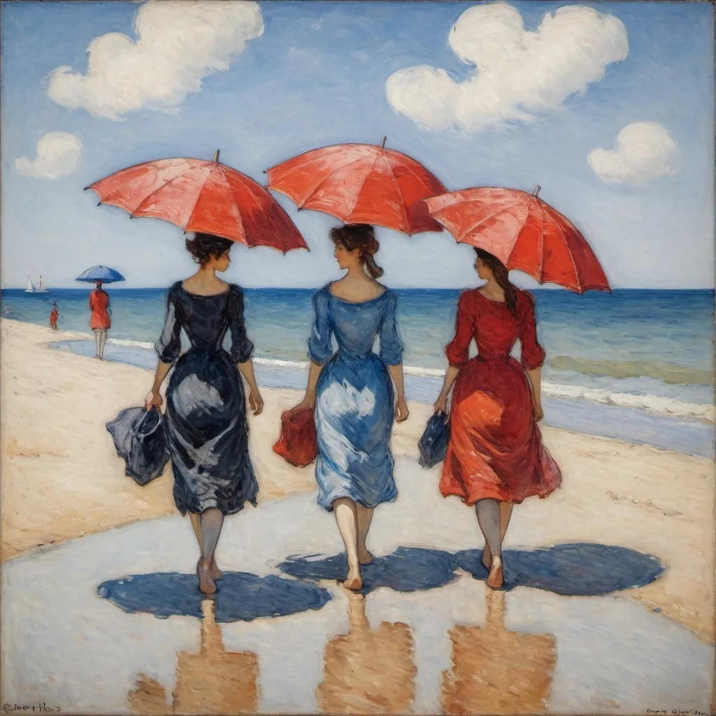 Prompt: three women walking on a beach with a red umbrella over their heads and a blue sky in the background, Christian Rohlfs, impressionism, impressionist painting, an impressionist painting


