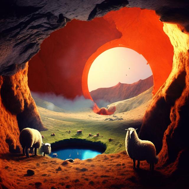 Prompt: a red hole in the side of a mountain with a sheep standing in it's hole and a mountain goat standing in the hole, David Martin, space art, 3d 



