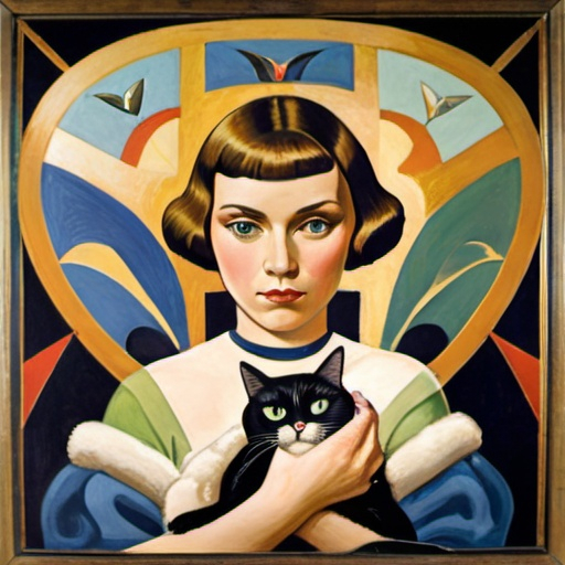 Prompt: a painting of a woman holding a cat in her arms and a picture of a woman's face behind her, Dora Carrington, art informel, symbolist, an art deco painting

