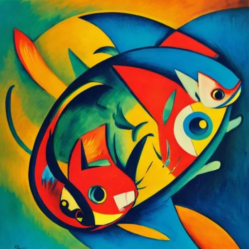 Prompt: a painting of a cat with a fish in its mouth and a blue background with a red, yellow, and green design, Carlos Catasse, cubo-futurism, triadic color scheme, a cubist painting


