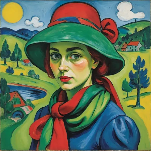 Prompt: a painting of a woman with a green hat and a blue dress and a red hat and a green scarf, Asger Jorn, neo-fauvism, landscape, an abstract painting





