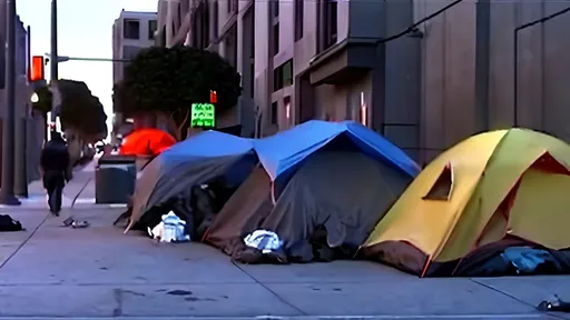 Prompt: photorealism, san francisco street, dusk, homeless tents on the sidewalks, drug addicts loitering 