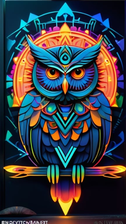 Prompt: godly wise owl fractal mandala, psychedelic style, simple 2d vector geometric, cutout shape, blueprint frame lines sharp edges, svg vector style, cyberpunk night asthetic, product studio shoot, hindu mandala art, glow in the dark, neon
