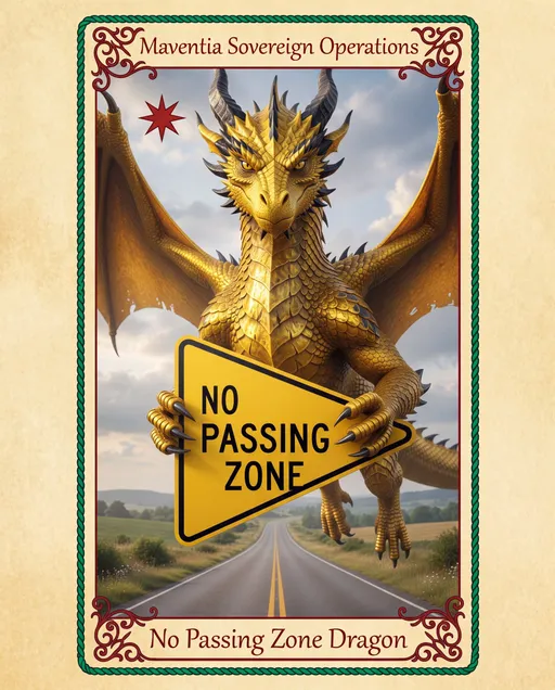Prompt: Vertical tarot card, exact size 3.5 x 5.75 inches, full frame no crop, tall balanced composition, smaller oxblood filigree at top with “Maventia Sovereign Operations” in elegant reduced lettering, thin emerald green rope braid border only, minimal golden parchment . “No Passing Zone Dragon” in matching oxblood filigree letters at the bottom as the footer.  In the center is a dragon with a sign. Widen and lengthen the room in the center of card for more visibility of the image of dragon and the background image. Shift the entire image down so dragon wings are unobstructed by gold filigree at the top.
 A small red 8-pointed star above dragon to the left, ornate gold frame but with reduced padding At top and bottom, more breathing room for symbols, clean tall composition –ar 3.5:5.75 use the exact same style as the reference card are unobstructed by the gold ornamentation. make sure to Use the frame from the reference card. Use the reference cards with no variation.
