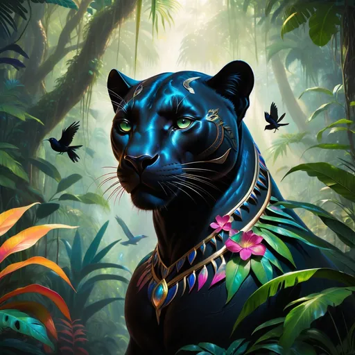 Prompt: In a vibrant Amazon jungle brimming with lush, oversized vegetation, a sleek black panther stands majestically, its glossy coat reflecting hints of bioluminescent colours. The OM symbol, radiating an ethereal glow, is intricately carved on the panther's forehead, pulsating with life amidst the rich tapestry of the surrounding flora and birds, Lively jungle animals—colorful parrots, playful monkeys, and curious sloths—are scattered among the thick ferns and vibrant flowers, their laughter echoing joyfully through the humid air. The scene is suffused with a neon luminescence, casting a surreal, otherworldly light that mingles with the shadows of the towering trees. The atmosphere is both enchanting and exuberant, capturing the essence of harmony between the majestic panther and its lively companions, rendered in a dreamy watercolor illustration style.