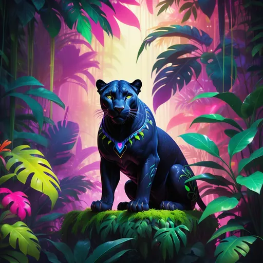 Prompt: OM symbol in the back of a black panther in the Jungle full of vegetation and jungle animals laughing, all in fluorescent colours 