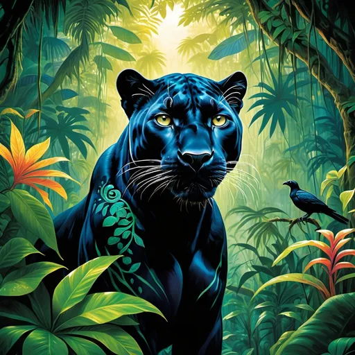 Prompt: In a vibrant Amazon jungle brimming with lush, oversized vegetation, a black panther stands majestically, its glossy coat reflecting hints of bioluminescent colours. The OM Hindu symbol, radiating an ethereal glow, is intricately carved on the panther's forehead, pulsating with life amidst the rich tapestry of the surrounding flora and birds, Lively jungle animals—colorful parrots, papagallos, owls, honey bees, playful monkeys, and curious sloths—are scattered among the thick ferns and vibrant flowers, their laughter echoing joyfully through the humid air. The scene is suffused with a neon luminescence, casting a surreal, otherworldly light that mingles with the shadows of the towering trees. The atmosphere is both enchanting and exuberant, capturing the essence of harmony between the majestic panther and its lively companions, rendered in a dreamy watercolor illustration style.