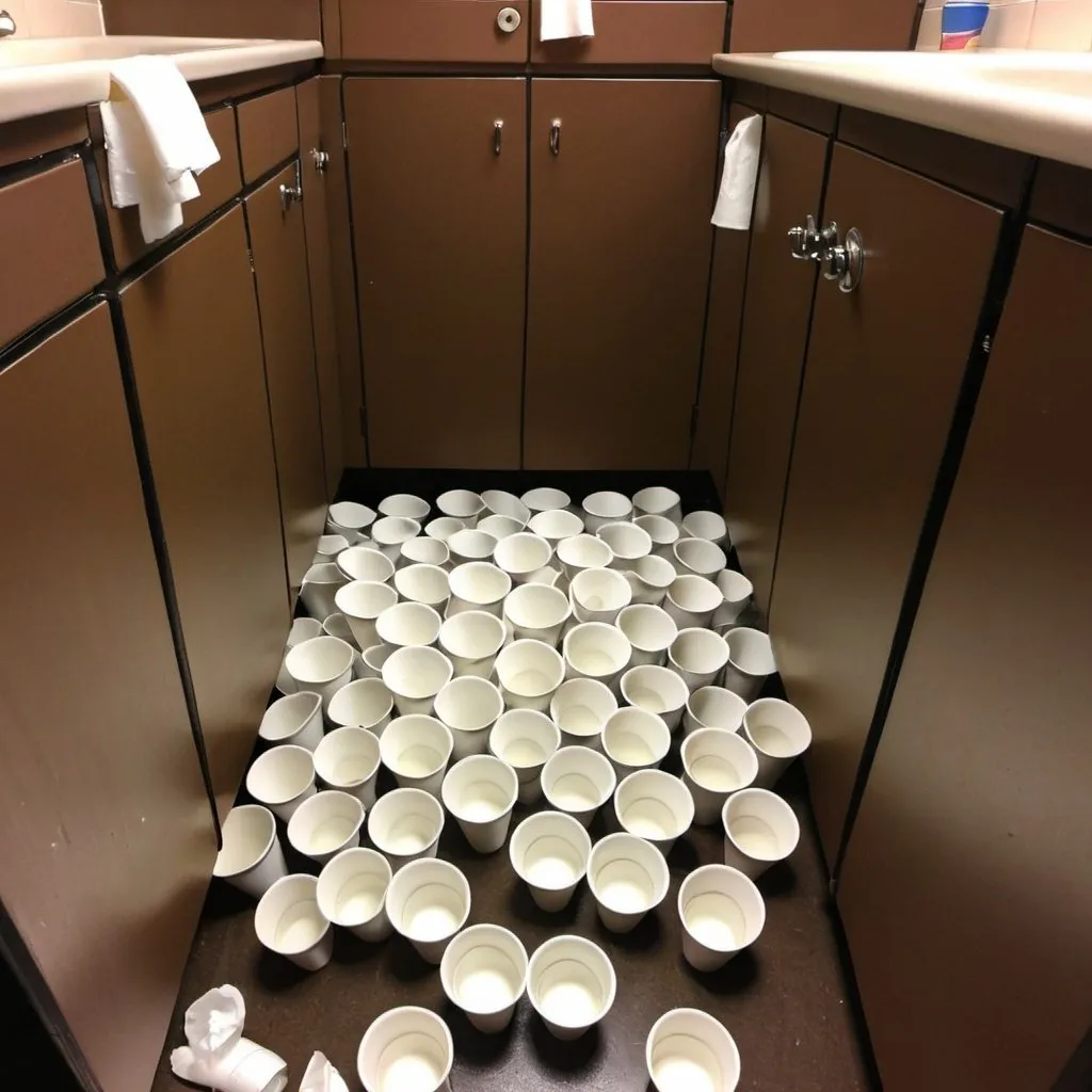 Prompt: even more paper cups in bathroom stall on floor