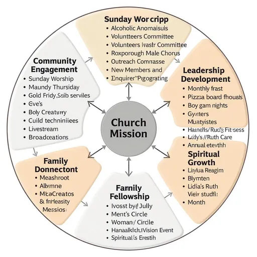 Prompt: Central Hub: "Church Mission"
•	At the center of the graphic is the church's mission, symbolizing the core purpose of worship, outreach, fellowship, and spiritual growth.
Branch 1: Worship Engagement 
•	Connected to Sunday Worship, special services (e.g., Maundy Thursday, Good Friday, Christmas Eve), and roles like sound technicians, slide creators, and livestream broadcasters. 
Branch 2: Community Connection
•	Linked to hosting Alcoholics Anonymous, Alanon, Boy Scouts, Cub Scouts, and Roxborough Male Chorus, as well as quarterly food insecurity programs. 
Branch 3: Leadership Development
•	Tied to monthly Worship Committee, Volunteers Committee, Outreach Committee, and Integration and Pastoral Care meetings, along with New Members/Inquirer’s Classes.
Branch 4: Family Fellowship 
•	Connected to monthly pizza and board game nights, Kid’s Fitness programs, and annual events like the July 4th picnic. 
Branch 5: Spiritual Growth
•	Linked to weekly Bible studies, women’s Lydia Circle and Hannah/Ruth Circle meetings, and annual retreats like the Men’s Fellowship Retreat and Women’s Tea and Vision Event. 
Visual Representation
•	Use a circular diagram with the "Church Mission" at the center.
•	Each branch radiates outward, with subgroups and activities listed under each strategy.
•	Arrows or lines can show interconnections between branches, such as how "Community Connection" supports "Family Fellowship" or how "Leadership Development" enhances "Worship Engagement."
This graphic would visually demonstrate how the church's various activities and groups are interconnected, working together to fulfill its mission.
