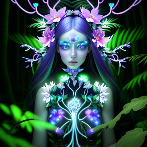 Prompt: (((Cinematic high quality photo))), (((photorealistic full-body portrait masterpiece))) of a mysterious woman, a fusion of ((floral)) and ((mechanical)) elements, wandering through an enchanted forest of bioluminescent trees and glowing plants. This unique woman has a perfect model-like body covered in lush foliage, has radiant eyes that emit a soft, mesmerizing light. It explores the surreal landscape, a realm where nature and technology coexist harmoniously. Delicate flowers intertwined with polished metal vines form a fascinating, intricate pattern on the creature's skin. High detail, UHD 4k wallpaper, by Roger Dean, Josephine Wall, H.R. Giger, and Daniel Lieske.